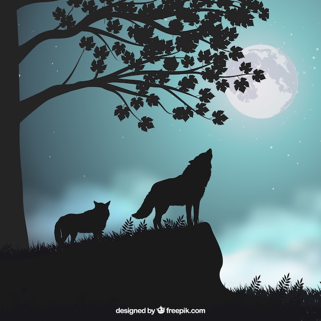 Landscape background with silhouettes of wolves