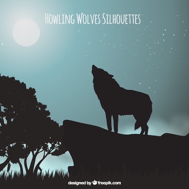 Free vector landscape background with wolf howling at the moon