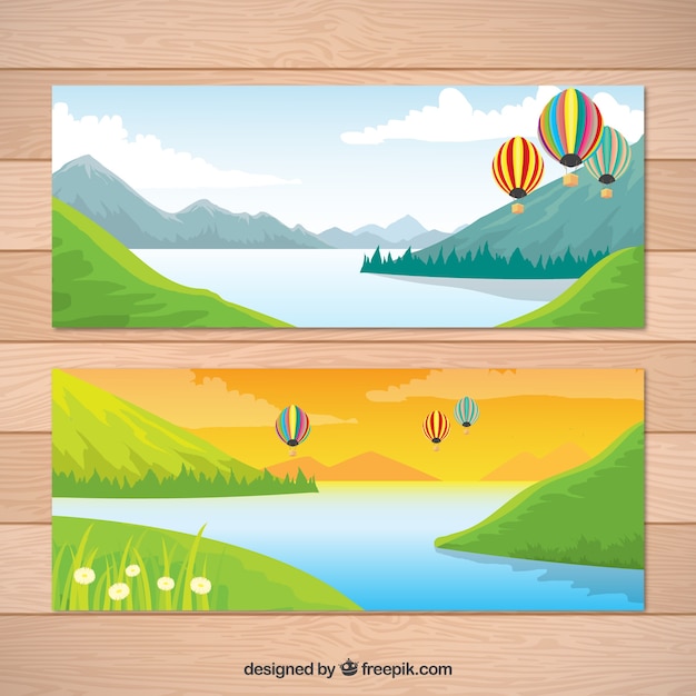 Free vector landscape banners with lake and balloons