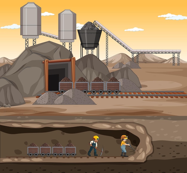 Free vector landscape of coal mining scene at sunset time