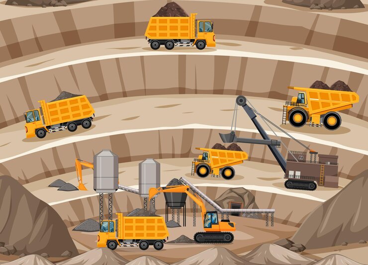 Free Vector landscape of coal mining scene with crane and trucks