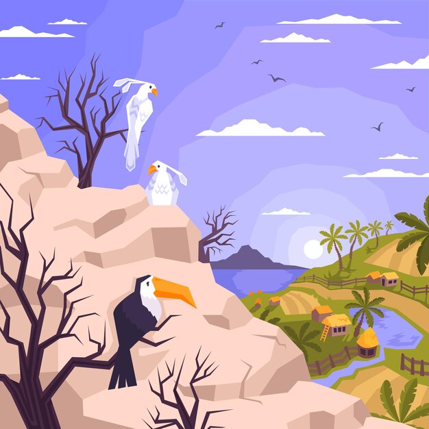 앉아 있는 앵무새 큰부리새와 마을 삽화가 있는 산의 야외 전망이 있는 조경 평면 구성