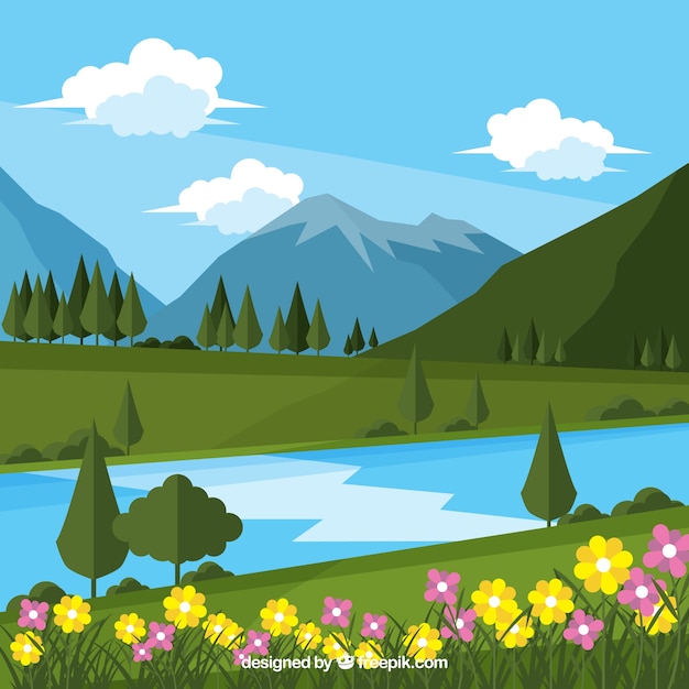 Vettore gratuito paesaggio sfondo fiore e del fiume con le montagne