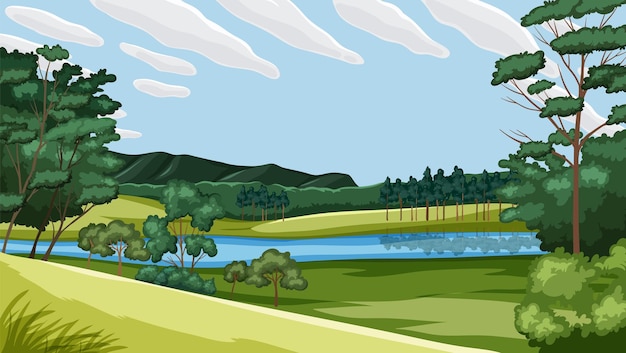 Free vector landscape of a green grass field and river