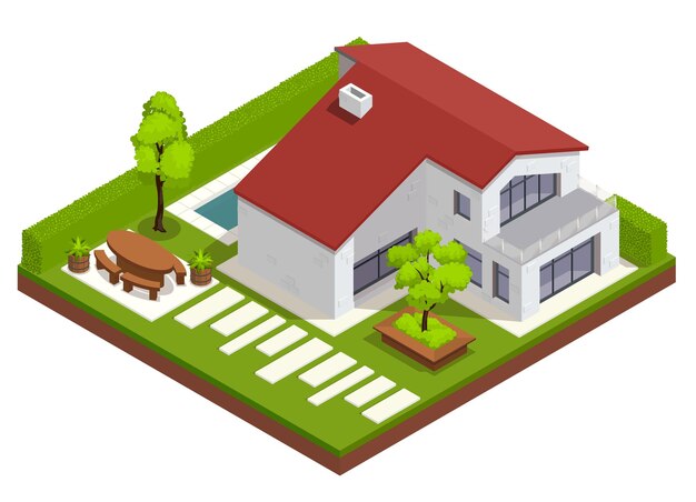 Landscape isometric composition with view of residential yard with house and backyard with modern decorations