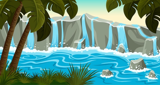 Free vector landscape jungle waterfall on stone rocks