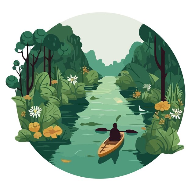 Landscape man in a canoe on river