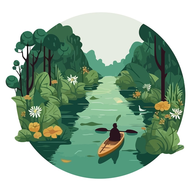 Бесплатное векторное изображение Пейзажный человек в каноэ на реке
