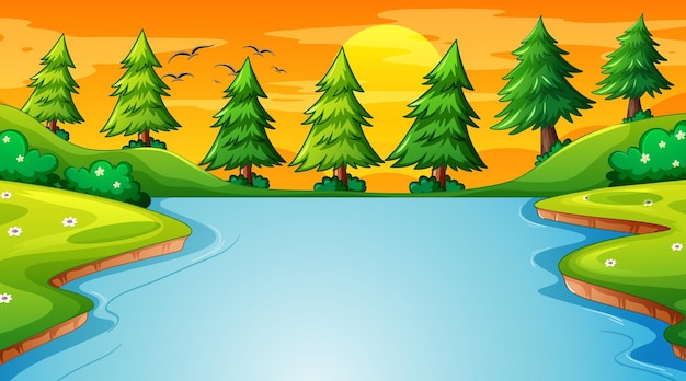 Free Vector | Landscape scene of forest with river and many trees