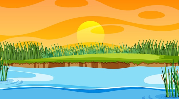 Free vector landscape scene of forest with river and the sun going down