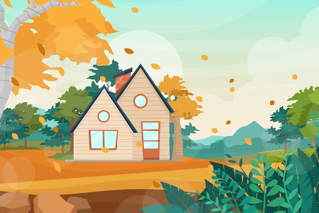 Landscape scene with rural country farmhouse with chimney, wooden house in Countryside, flat cartoon style.