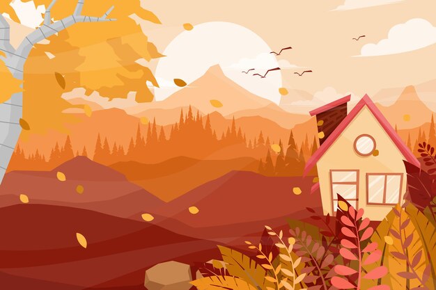 Landscape scene with rural country farmhouse with chimney, wooden house in Countryside, flat cartoon style.