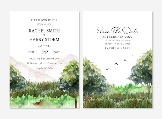 Landscape wedding invitation set with mountain and trees