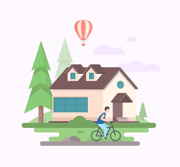 Пейзаж с домом - современная плоская векторная иллюстрация стиля дизайна на светло-фиолетовом фоне. композиция с мальчиком на велосипеде перед небольшим малоэтажным домом, деревья, воздушный шар, облака