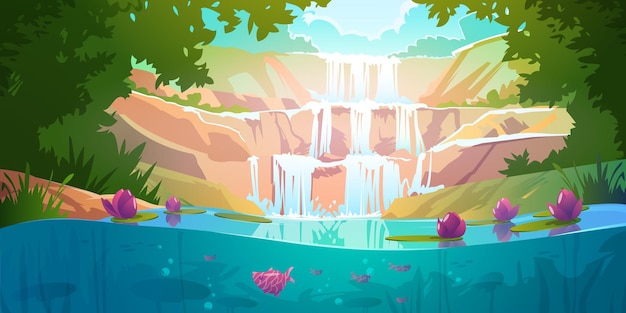 Бесплатное векторное изображение Пейзаж с каскадным водопадом в лесу