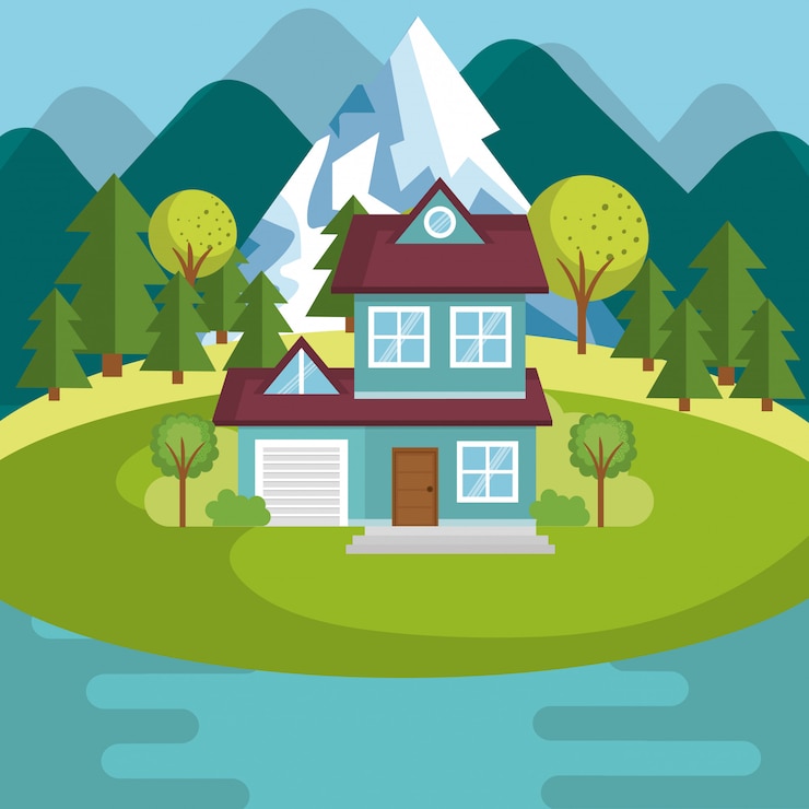 Free Vector landscape with house and lake scene