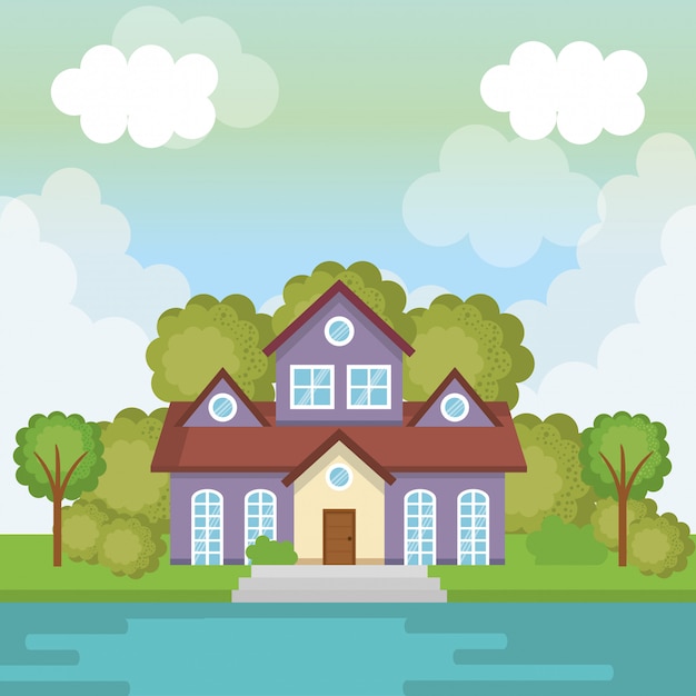 Free vector landscape with house and lake scene