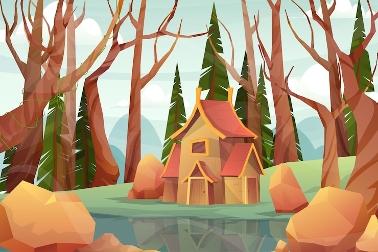 Free Vector landscape with house in spring scene of natural park or forest in countryside, vector illustration