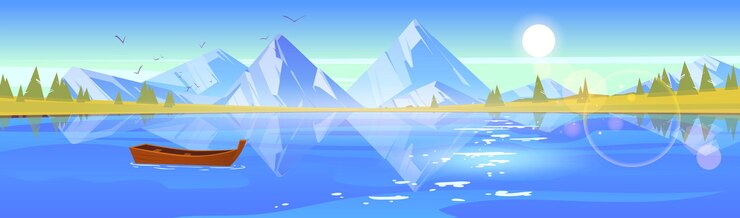 無料Vector 木製のボートの山と湖のある風景