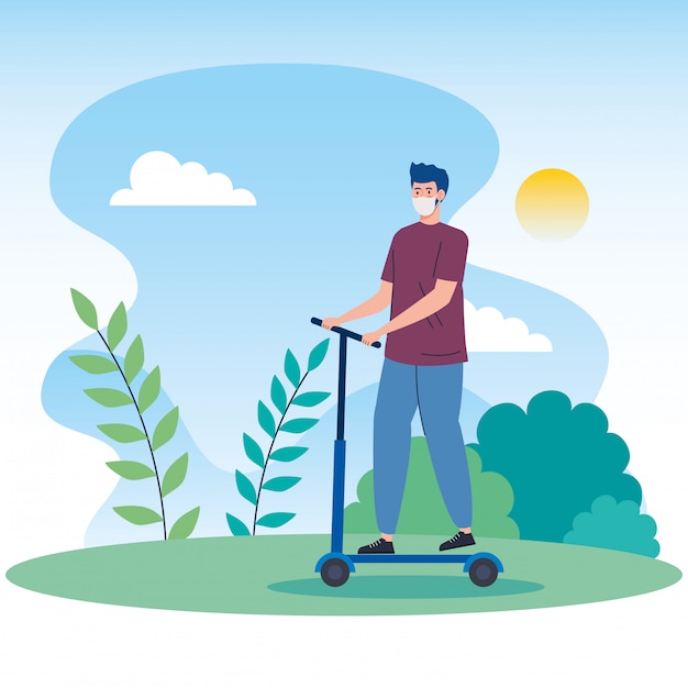 Free vector landscape with man using face mask in scooter