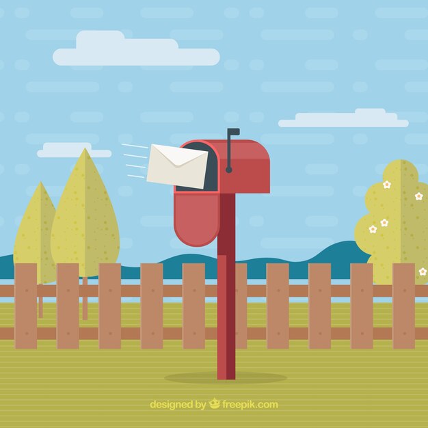 Landscape with red mailbox in flat design