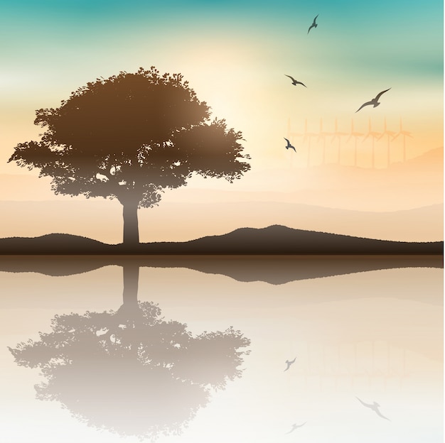 Landscape with a tree silhouette