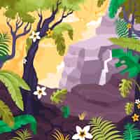 Vettore gratuito paesaggio con alberi tropicali, rocce e fiori