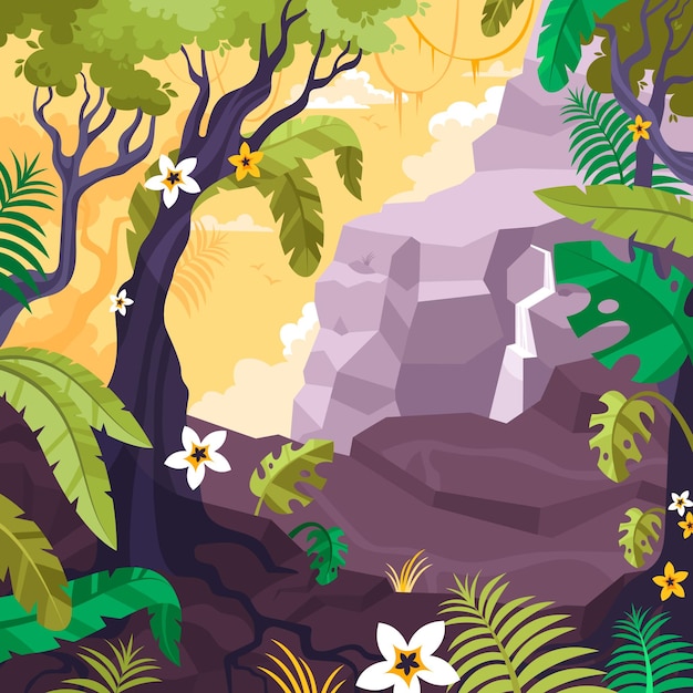 Пейзаж с тропическими деревьями, скалами и цветами