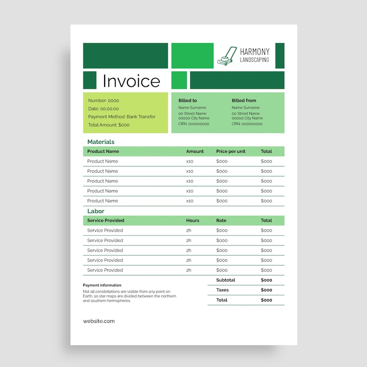 Free Vector landscaping invoice template design