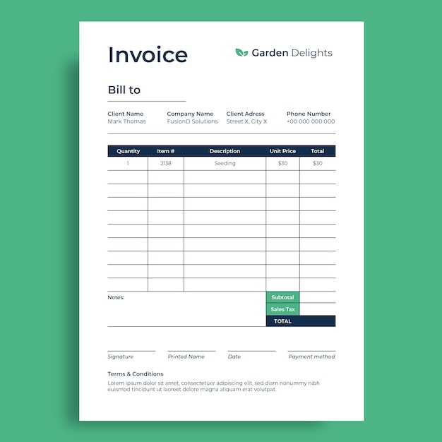 Free vector landscaping invoice template design