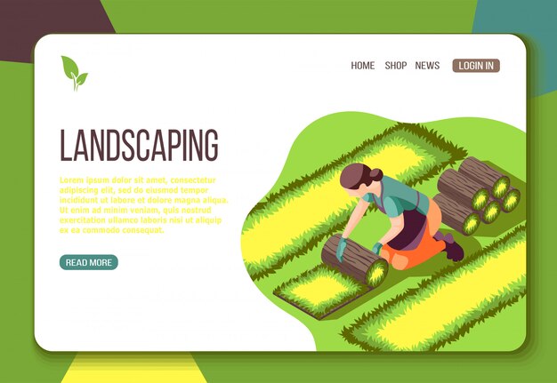 Landscaping isometric web landing page with laying lawn and interface elements