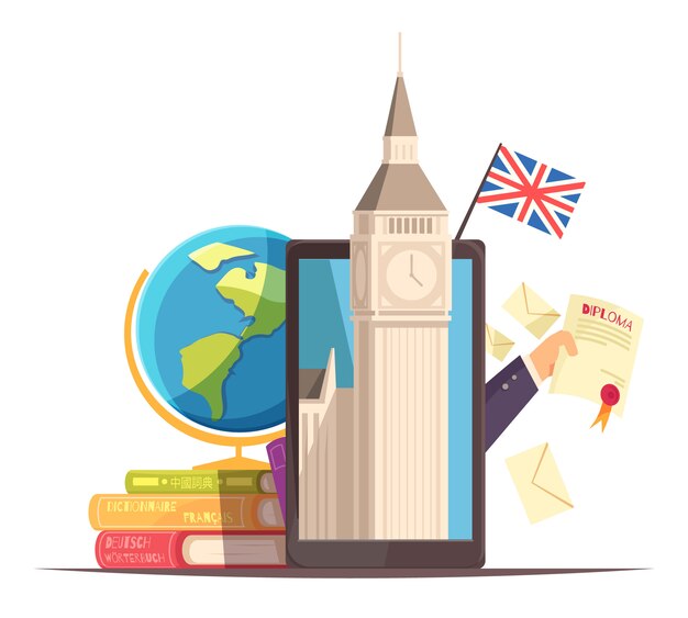 Language center online communication courses flat advertising composition with flag diploma tablet big ben dictionaries