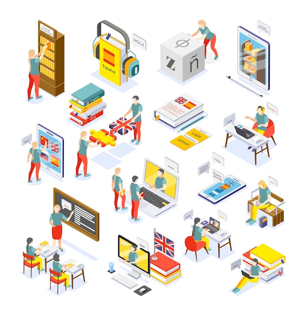 Free vector language courses online smartphone pc tablet electronic library dictionary personal tutor school lessons isometric set vector illustration