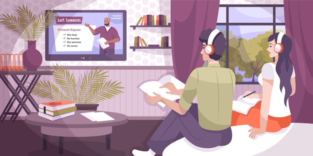 Language lessons online composition with flat home interior and couple in headphones listening to tv tutor