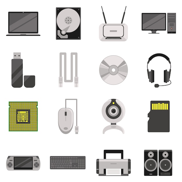 Бесплатное векторное изображение Ноутбук и компьютер с компонентами и аксессуарами и электронными устройствами