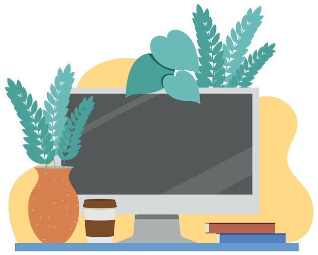 Free vector laptop computer on the the table decorated with plant vase