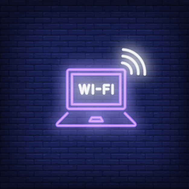 Портативный компьютер и wi-fi неоновый текст