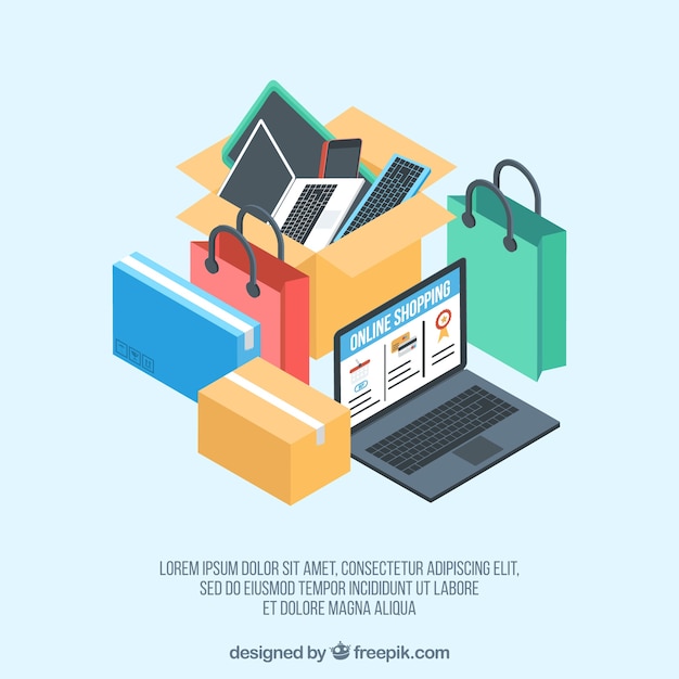 Laptop and isometric online shopping items