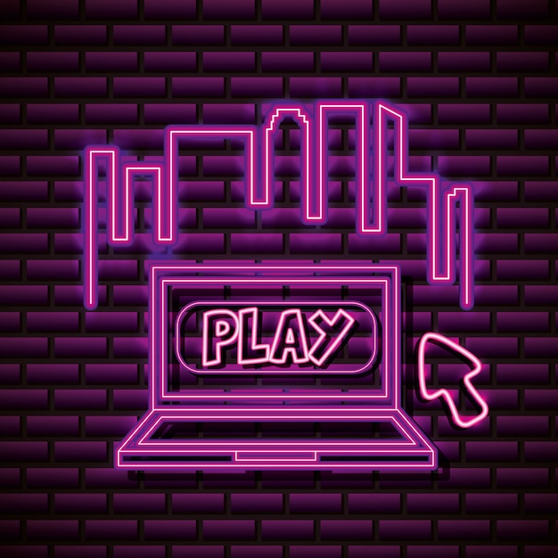 Free vector laptop and skyline in neon style, video games related