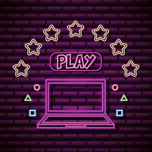 Free vector laptop and stars design in neon style, video games related