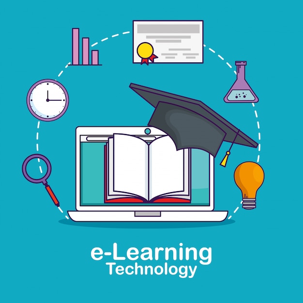 Laptop technology with book and statistics bar