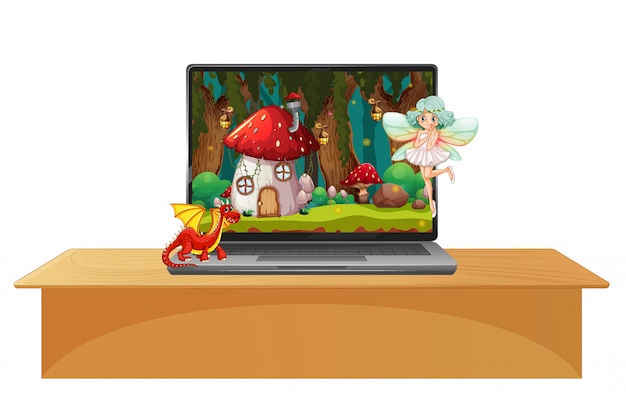 Laptop with fairy scene on desktop background