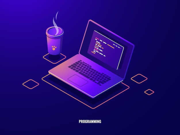 Laptop with program code isometric icon, software development and programming applications dark neon