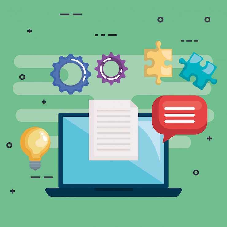Free Vector laptop with puzzle game, document, light bulb and speech bubble