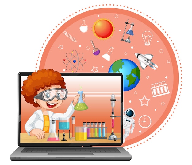 Free vector laptop with scientist kid cartoon character