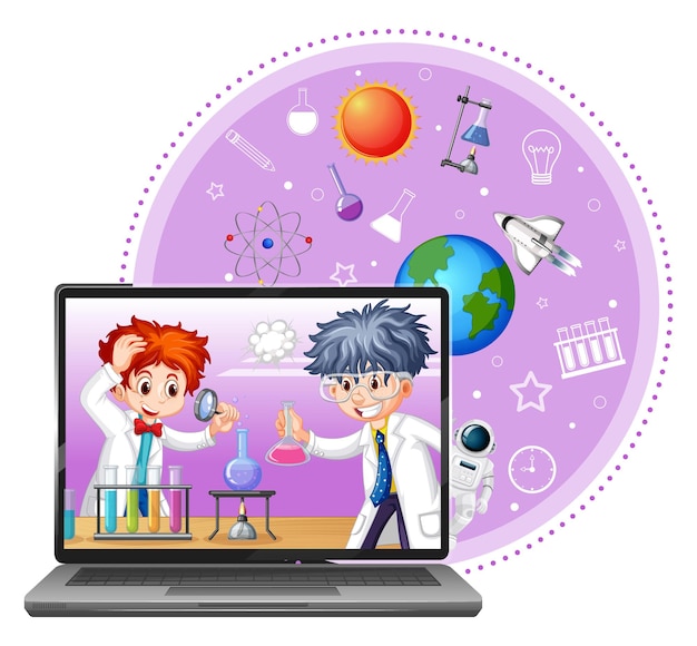 Laptop with scientist kid cartoon character