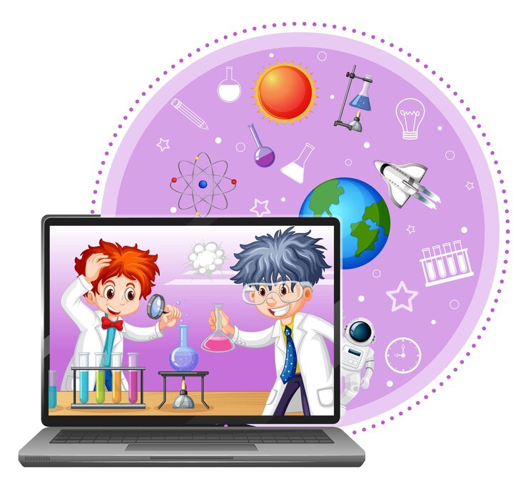 मुफ़्त वेक्टर laptop with scientist kid cartoon character
