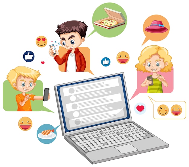 Computer portatile con stile cartoon emoji social media isolato su priorità bassa bianca