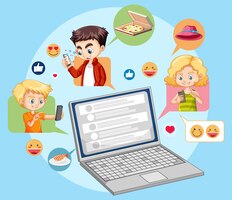 Free vector laptop with social media emoji icon cartoon style isolated on blue background