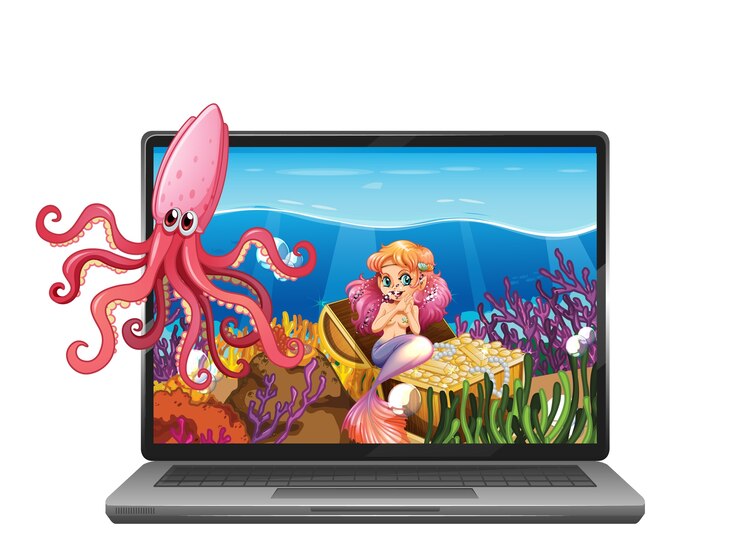 무료 Vector 화면에 수중 장면이있는 노트북